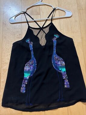 Express Black Camisole with Blue & Teal Sequin peacocks and mesh insert
